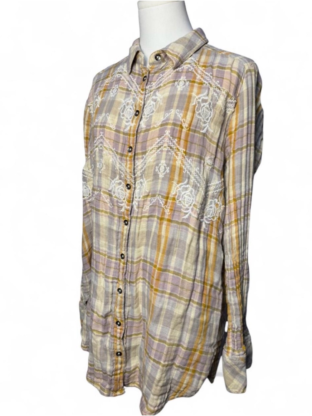 Free People Plaid embroidered gauze Button-Down Shirt in Light Yellow & Lavender